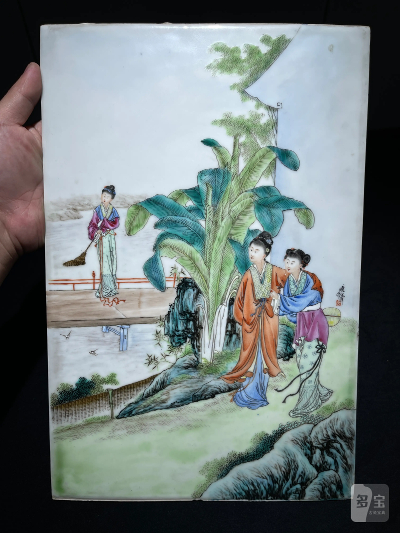 民国 熊晓峰画粉彩红楼梦纹瓷板一对 - 图2